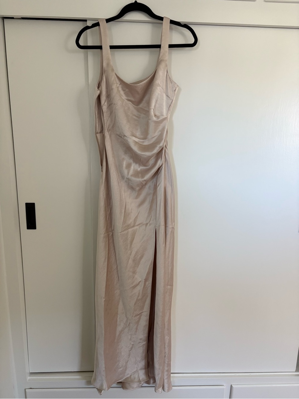bec + bridge Champagne Satin Maxi Slip Dress with Front Slit
